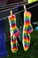Rainbow socks hang on the clothesline