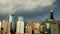 Rainbow and storm clouds over Chicago`s Loop.