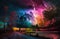 Rainbow storm clouds over a landscape. Thunder and lightning with colors. Beautiful abstract background.