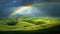 Rainbow and stormy clouds over a green irish landscape