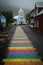 Rainbow street and church in Seydisfjordur, Iceland
