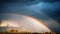 Rainbow stretches over horizon, nature vibrant spectrum generated by AI