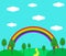 Rainbow Summer Forest Hillside Landscape Flat Style