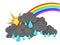 Rainbow, Sun and Rainclouds with drops on white background. 3d illustration