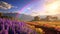 rainbow on sunset sky across a stunning vista landscape,mountains wildflowers sun flares