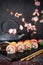 Rainbow Sushi Roll with salmon, eel, tuna, avocado, royal prawn, cream cheese Philadelphia, caviar tobica, chuka. Sushi menu.