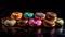 Rainbow Temptation: Array of Colorful Donuts Tempting on a Dark Background