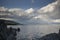 Rainbow in thunderstorm above Croatian coast, storm clouds over Rijeka