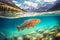 Rainbow trout swims in the water column in a mountain river. Wild fish fishing concept. Generative AI illustration