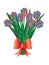Rainbow tulips. Bouquet of spring flowers tied with red bow