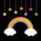 Rainbow and two white clouds. Colorful stars hanging on dash line rope.