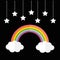 Rainbow and two white clouds. Stars hanging on dash line rope. LGBT sign symbol. Flat design. Black background.