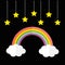 Rainbow and two white clouds. Yellow stars hanging on dash line rope. LGBT sign symbol. Flat design. Black background.