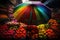 rainbow umbrella among colorful market stands with blooming flowers and fruits