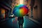 rainbow umbrella in the hands of a tourist, on the busy street of a large city