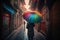 rainbow umbrella on the streets of old town, creating a magical atmosphere