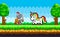 Rainbow unicorn and knight in armor pixel art in nature landscape background, fairytale characters