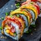 Rainbow Uramaki Sushi Rolls, Fusion Maki Sushi with Rice, Bacon, Processed Cheese, Tomato