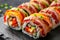 Rainbow Uramaki Sushi Rolls, Fusion Maki Sushi with Rice, Bacon, Processed Cheese, Tomato