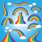 Rainbow vector colorful bowed arc in raining sky multicolored cartoon arch or bow spectrum of colors with rainy clouds