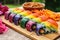 rainbow vegan sushi rolls on a bamboo mat