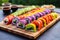 rainbow vegan sushi rolls on a bamboo mat