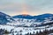 Rainbow View of winter cold mountains at dawn wooden fence in sn