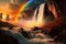 rainbow waterfall, with the sun setting behind it, creating a magical scene