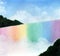 Rainbow waterfall, watercolor landscape illustration with waterfall and blue sky, joyful landscape design