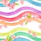 Rainbow waves, pink flowers. Spring cherry blossom in seamless watercolor background in pastel color