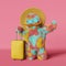 Rainbow Yeti with yellow suitcase pink background 3d rendering. Contemporary creative travel journey advertising banner.