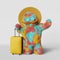 Rainbow Yeti with yellow suitcase pink background 3d rendering. Contemporary creative travel journey advertising banner.