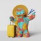 Rainbow Yeti with yellow suitcase pink background 3d rendering. Contemporary creative travel journey advertising banner