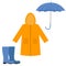 Raincoat, rubber boots, open umbrella. Set of autumn or spring clothes elements for rainy weather. Flat style design.