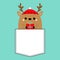 Raindeer deer head face holding gift box. T-shirt pocket. Red hat, nose, horns. Merry Christmas. New Year. Cute cartoon kawaii
