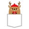 Raindeer deer head face holding gift box. T-shirt pocket. Red hat, nose, horns. Merry Christmas. New Year. Cute cartoon kawaii