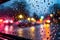 raindrops on a car windshield with bokeh lights