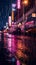 Raindrops cascading down a car windshield, with the bright city lights distorted through the glass