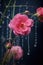 raindrops on delicate spider web amongst flowers