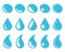 Raindrops icons. Drops splash, fresh drop shapes. Isolated water blue drip, fuel or rain droplets. Cartoon human tear