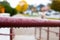 Raindrops on the methyllic stair railing closeup