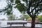 Raindrops on the windshield on a rainy day; bench situated under trees on the shoreline of a lake in the background; San Francisco