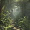 Rainforest in the morning in impressionist style. AI-Generated.