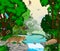 Rainforest river with animals vector illustration. Vector Green Tropical Forest jungle with parrots, jaguar, boa, peccary,  Capyba