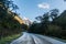 Rainforest road through valley with mountain views