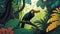 Rainforest with toucan, leaves and flowers. Illustration of a tropical background with colorful birds perched on a branch.