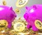 Raining Coins On Piggybanks Showing Profits