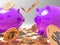 Raining Coins On Piggybanks Shows Richness