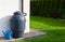 Rainwater barrel downspout modern design house exterior