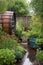 rainwater collection barrels in a garden